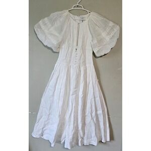 Joslin Linen Puff Sleeve Lace Pintuck Midi Dress Romantic Bridal Boho XS